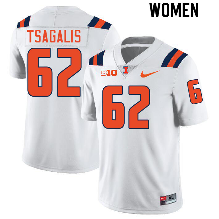 Women #62 Sam Tsagalis Illinois Fighting Illini College Football Jerseys Stitched-White